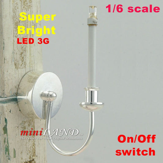 SILVER 1/6 1:6 wall candle light Lamp LED battery operated with on/off switch for 12"H fashion doll
