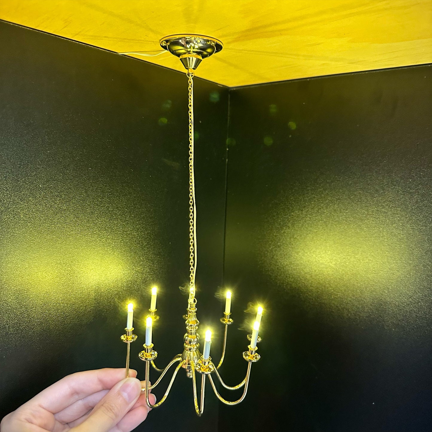 Miniature Brass 8 arms CHANDELIER  LED light lamp for Dollhouse - battery operated