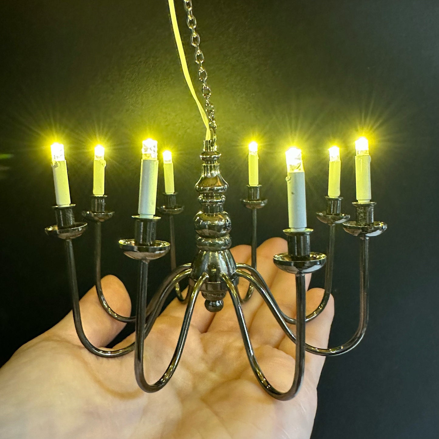 Miniature Black 8 arms CHANDELIER LED light lamp for Dollhouse miniature  battery operated