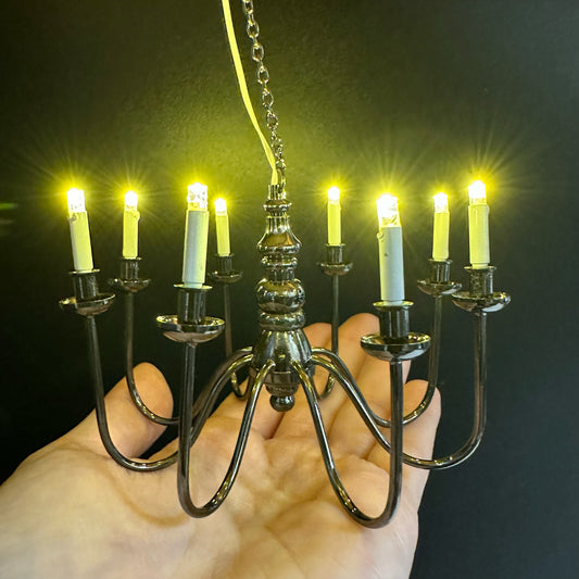 Miniature Black 8 arms CHANDELIER LED light lamp for Dollhouse miniature  battery operated