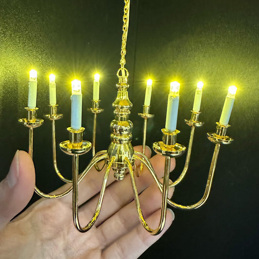 Miniature Brass 8 arms CHANDELIER  LED light lamp for Dollhouse - battery operated