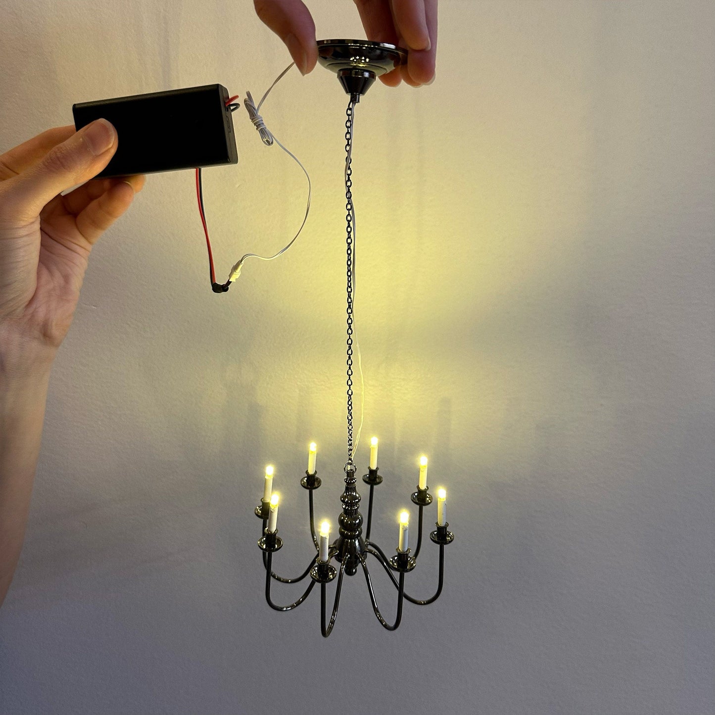 Miniature Black 8 arms CHANDELIER LED light lamp for Dollhouse miniature  battery operated