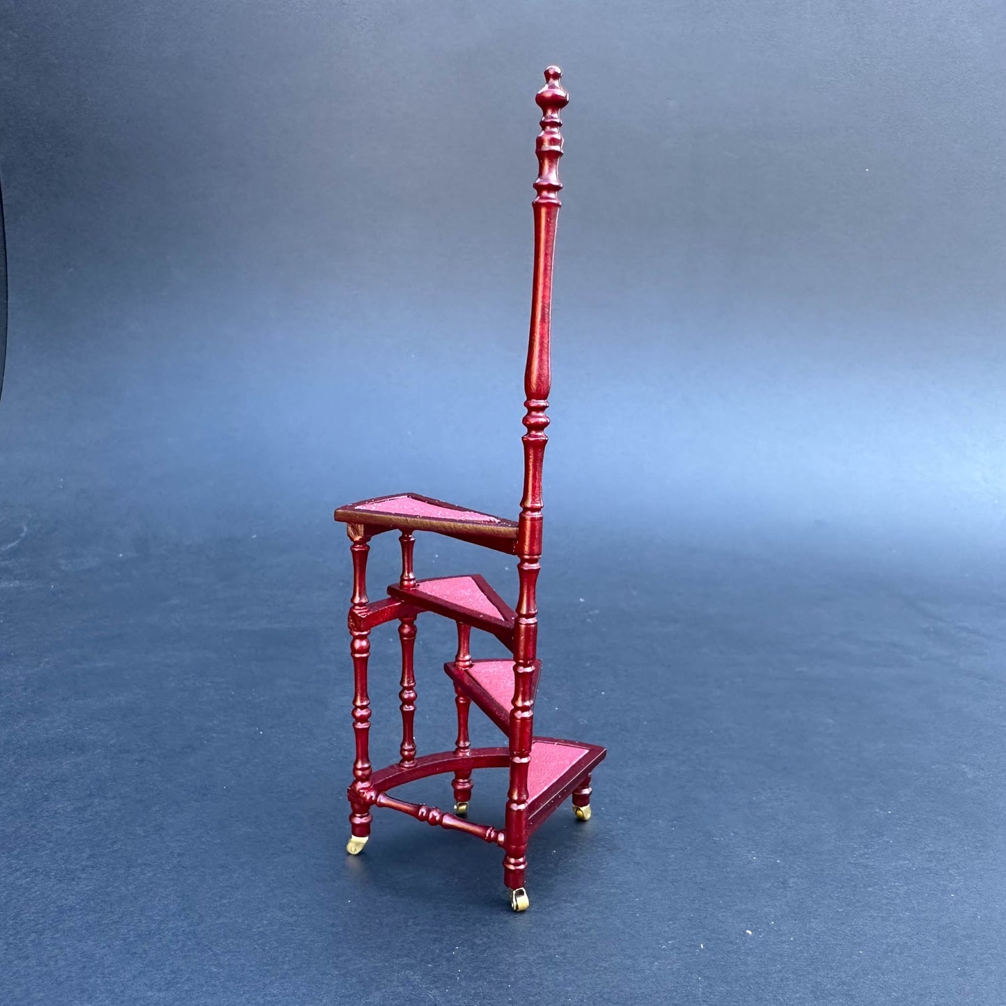 library ladder step ladder mahogany Victorian. Solid wood-covered Burgundy leather four-stage  1:12 scale for dollhouse miniature stairs