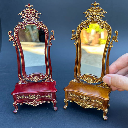 Victorian Dressing Standing Mirror 18th century carved for dollhouse miniature 1:12 Walnut color with drawer Vanity floor mirror
