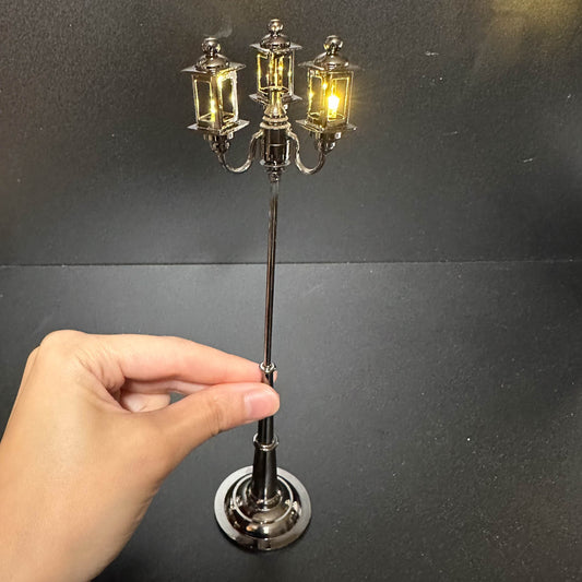 Miniature 8" tall  triple 3 arm carriage street garden lamp light  LED super bright with on/off switch  for dollhouse 1:12 scale dollhouse