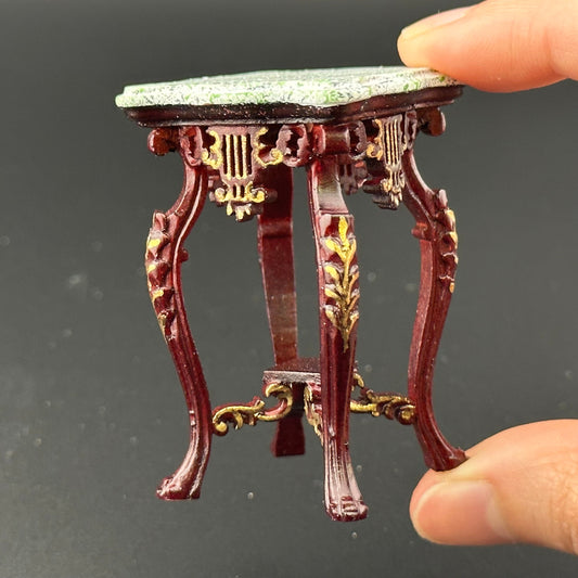 Carved and mahogany-wood exquisite tall end table stand Victorian period for dollhouse miniature 1:12 gold details Y3553