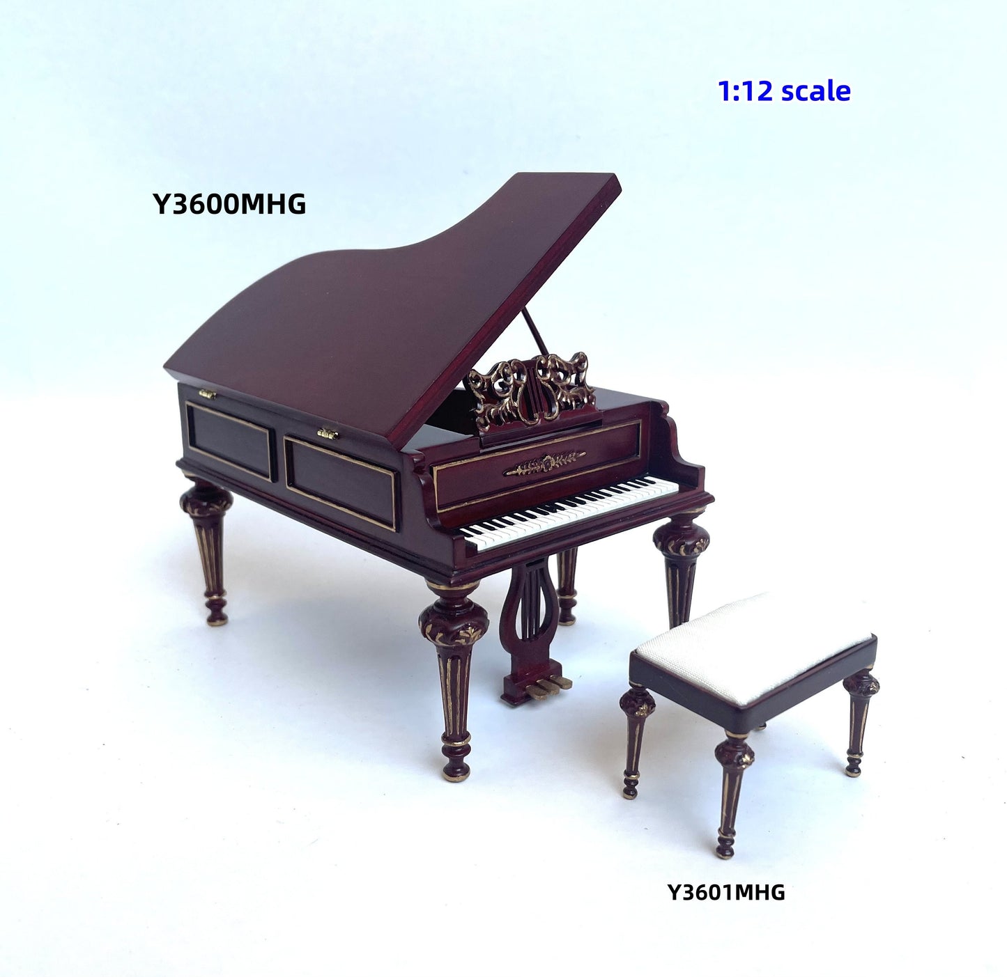 Piano à queue + tabouret pour maison de poupée miniature à l'échelle 1:12, siège en bois, acajou de qualité et or Y3600 MHG