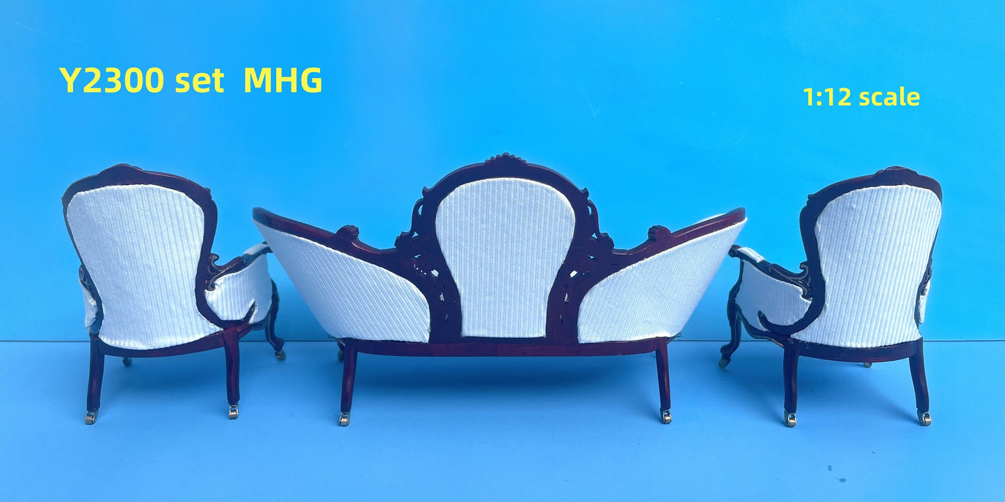 Victorian mini 1:12 scale Rococo ORNATE armchair and sofa couch for Dollhouse miniature mahogany and gold accents Y2300 2301