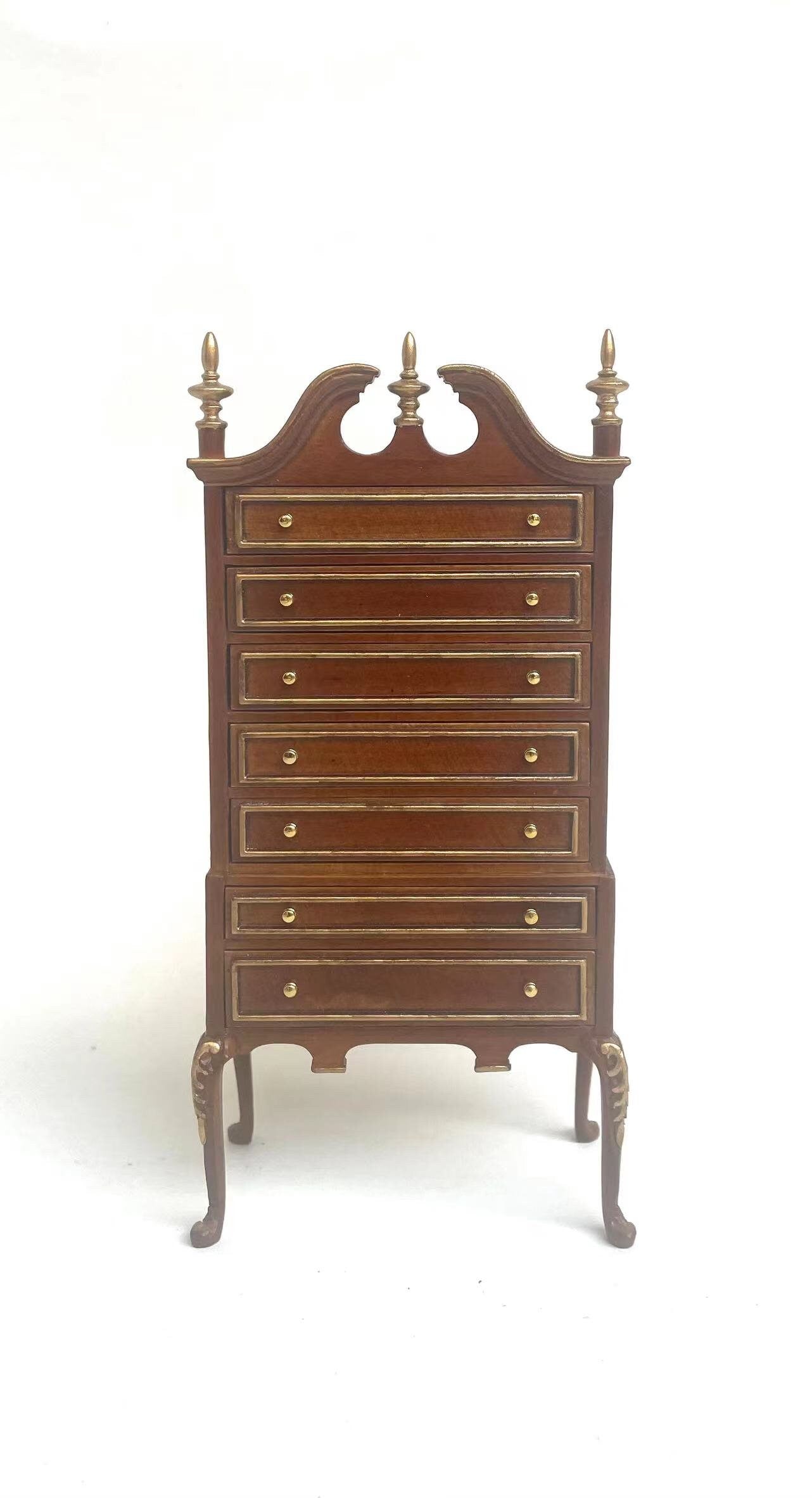 Queen Anne Bonnet Top Walnut Highboy Tall Chest of Drawers Dresser for 1:12 scale dollhouse miniature Y1000 WNG