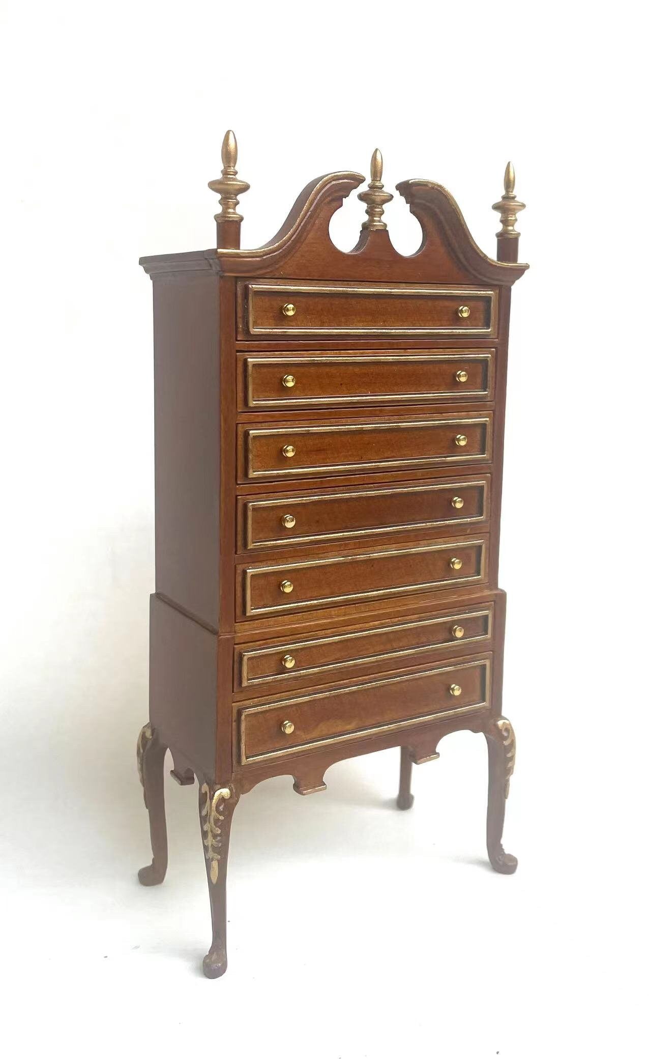 Queen Anne Bonnet Top Walnut Highboy Tall Chest of Drawers Dresser for 1:12 scale dollhouse miniature Y1000 WNG