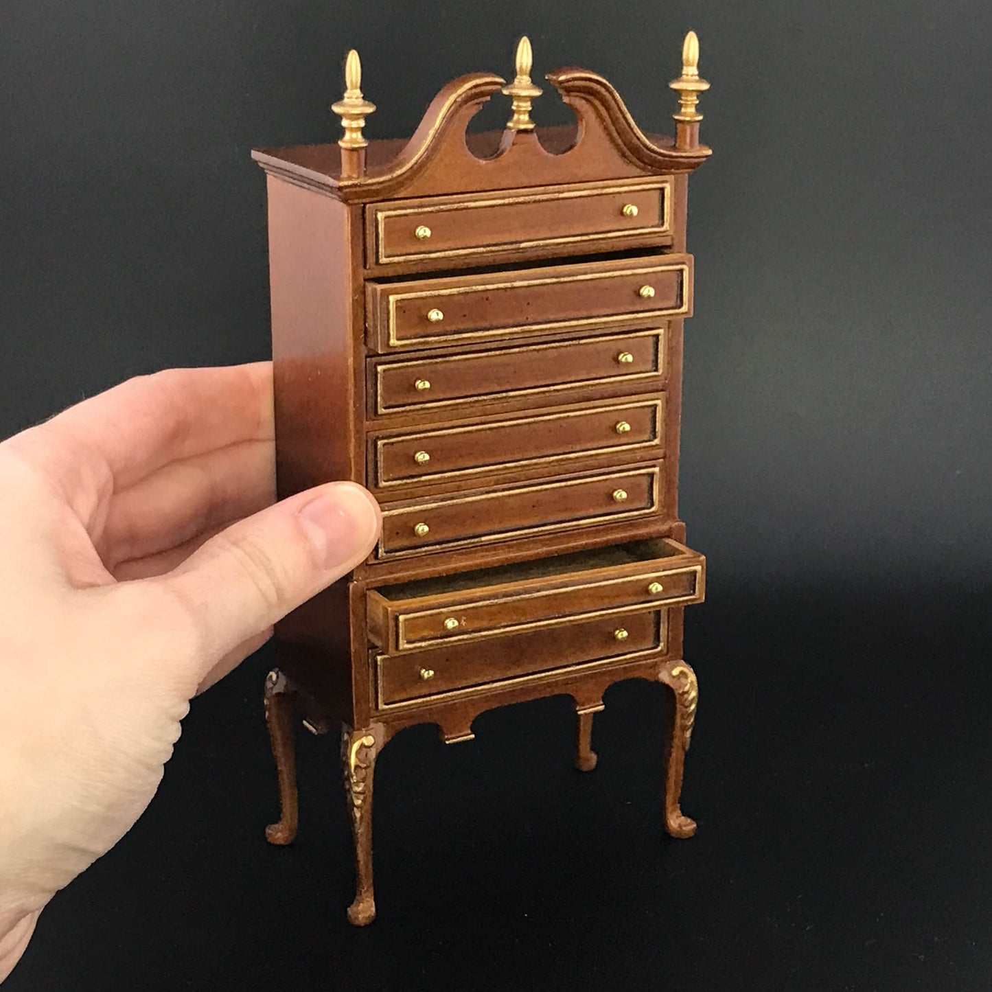 Queen Anne Bonnet Top Walnut Highboy Tall Chest of Drawers Dresser for 1:12 scale dollhouse miniature Y1000 WNG