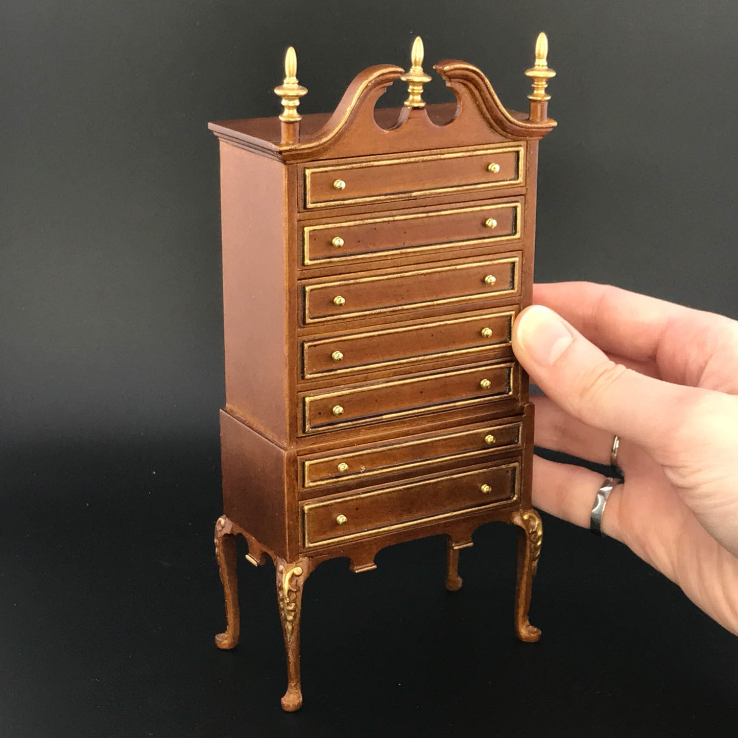 Queen Anne Bonnet Top Walnut Highboy Tall Chest of Drawers Dresser for 1:12 scale dollhouse miniature Y1000 WNG