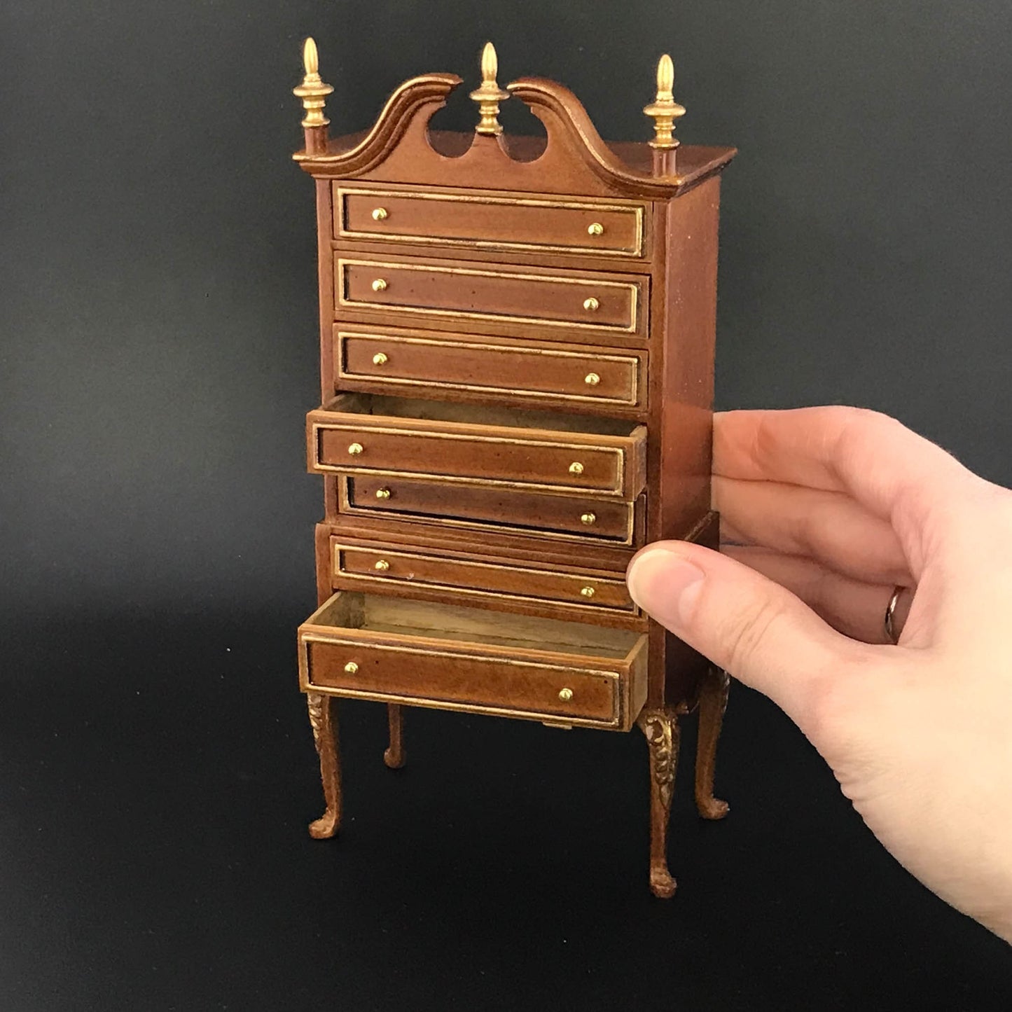 Queen Anne Bonnet Top Walnut Highboy Tall Chest of Drawers Dresser for 1:12 scale dollhouse miniature Y1000 WNG
