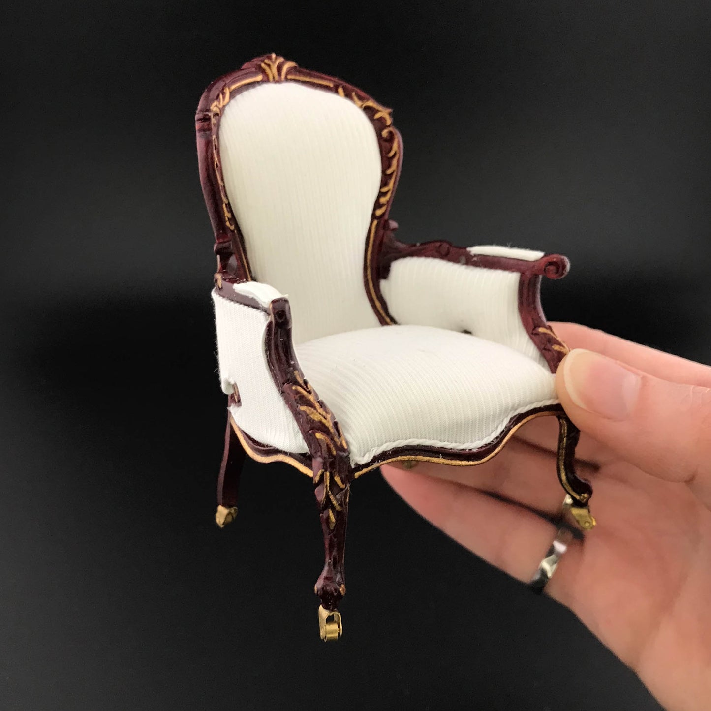 Victorian mini 1:12 scale Rococo ORNATE armchair and sofa couch for Dollhouse miniature mahogany and gold accents Y2300 2301