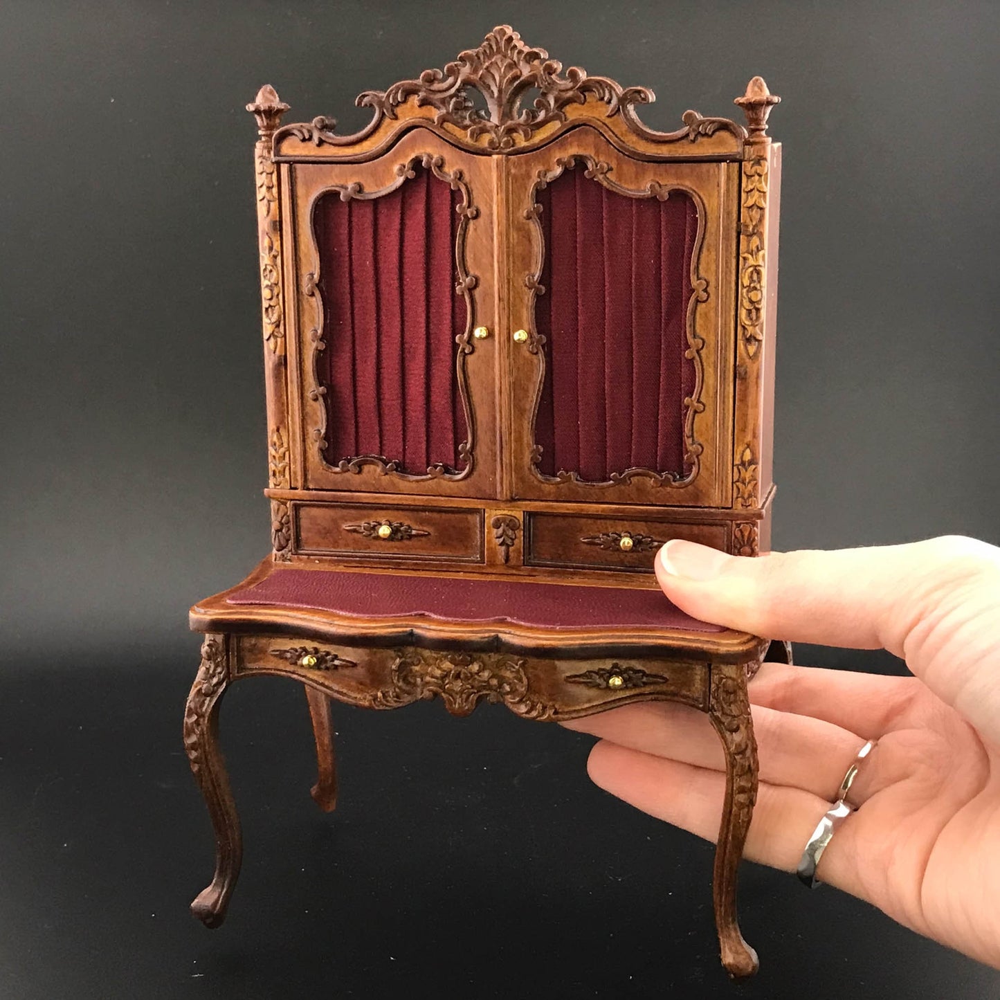 Victorian French SHOWCASE desk unit for 1:12 dollhouse miniature shelf shelving unit table drawers walnut bookcase V4083 WN