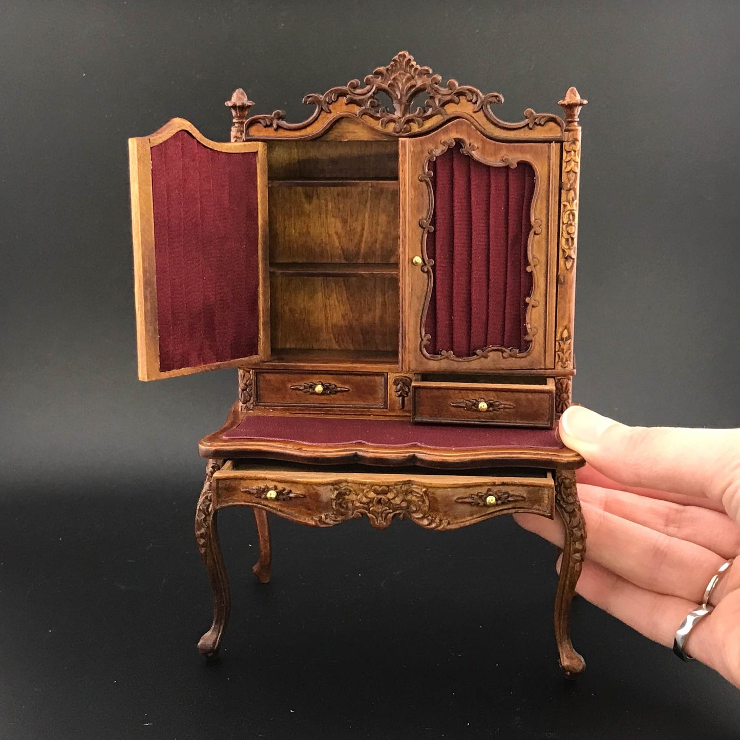 Victorian French SHOWCASE desk unit for 1:12 dollhouse miniature shelf shelving unit table drawers walnut bookcase V4083 WN