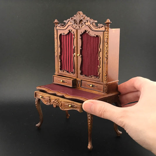 Victorian French SHOWCASE desk unit for 1:12 dollhouse miniature shelf shelving unit table drawers walnut bookcase V4083 WN