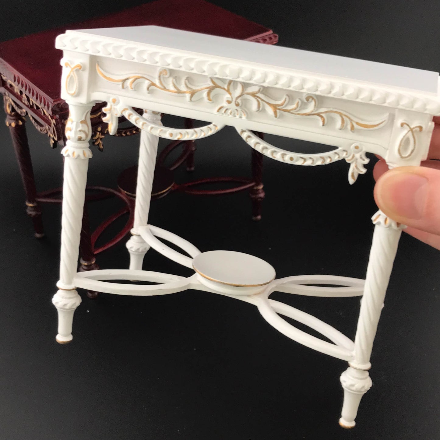 Victorian 1:6 scale Ornate Side Table Dollhouse miniature in Mahogany or White Antique Surface M5403