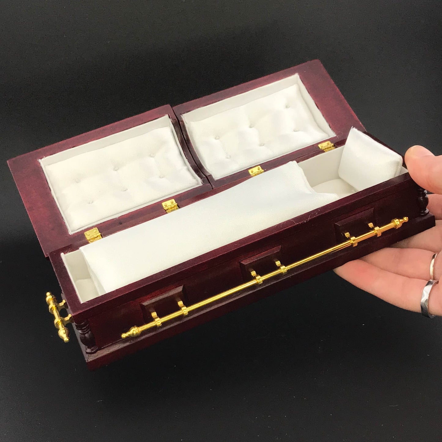 1:12 Scale Wooden miniature coffin casket Mahogany color with brass metal rod handles dollhouse Funeral buried