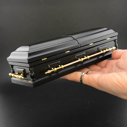 1:12  Wooden miniature coffin casket BLACK color with Brass metal rod handles for dollhouse Funeral buried