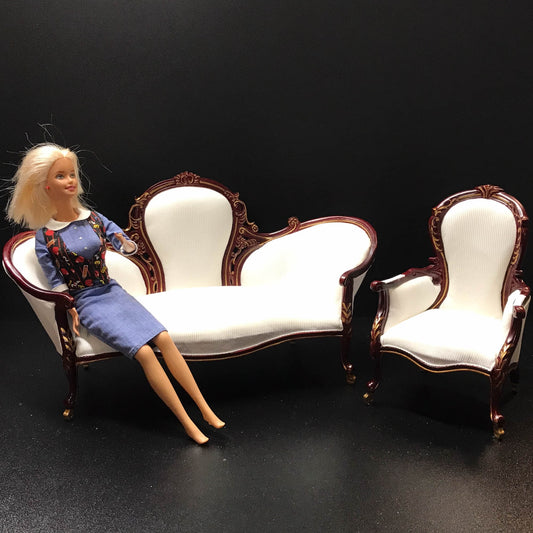 Victorian 1:6 scale Rococo ORNATE armchair or sofa couch for Dollhouse miniature mahogany and gold accents