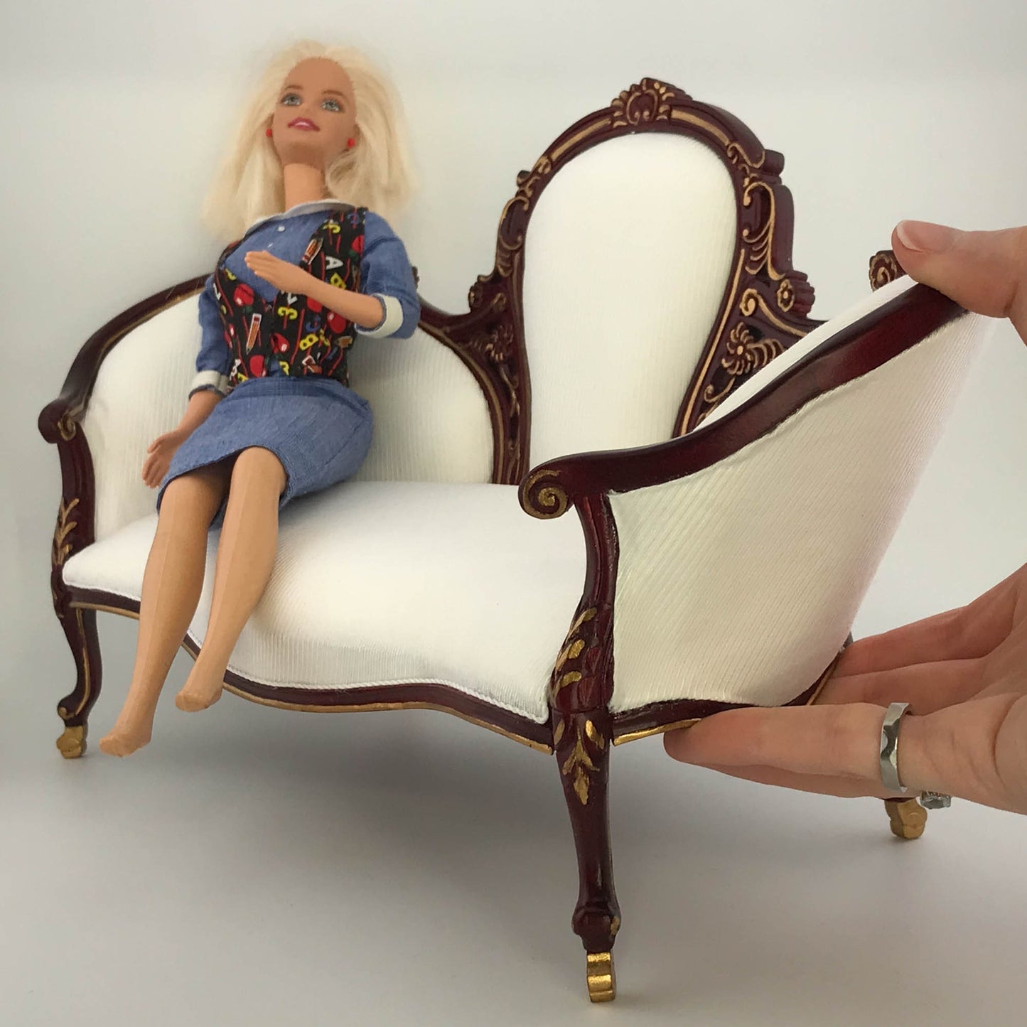 Victorian 1:6 scale Rococo ORNATE armchair or sofa couch for Dollhouse miniature mahogany and gold accents