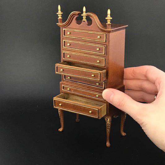 Queen Anne Bonnet Top Walnut Highboy Tall Chest of Drawers Dresser for 1:12 scale dollhouse miniature Y1000 WNG