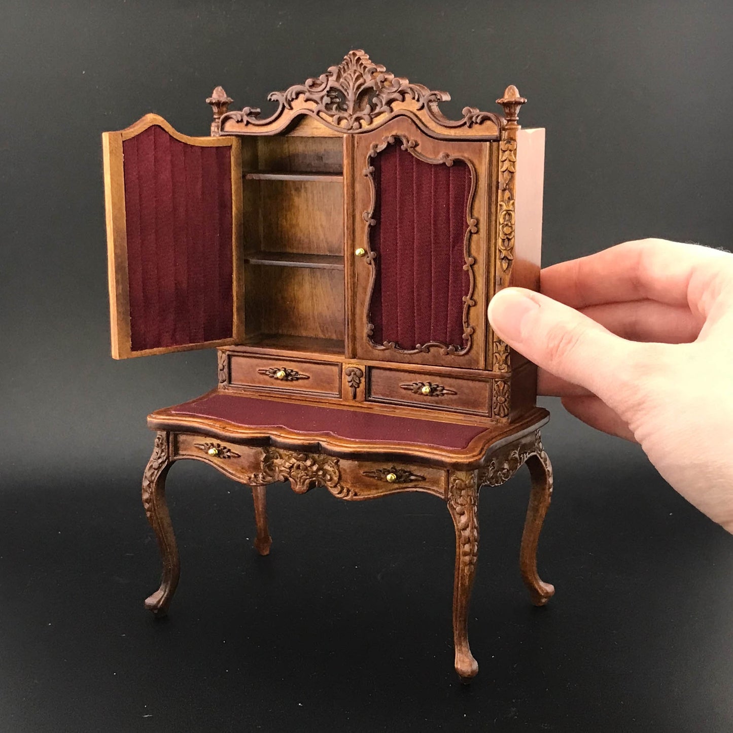 Victorian French SHOWCASE desk unit for 1:12 dollhouse miniature shelf shelving unit table drawers walnut bookcase V4083 WN