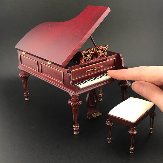 Piano à queue + tabouret pour maison de poupée miniature à l'échelle 1:12, siège en bois, acajou de qualité et or Y3600 MHG