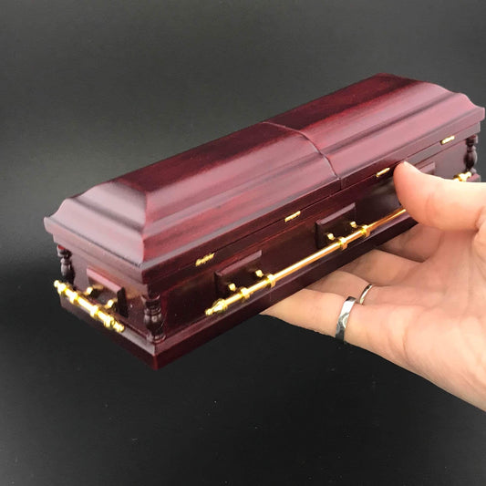 1:12 Scale Wooden miniature coffin casket Mahogany color with brass metal rod handles dollhouse Funeral buried