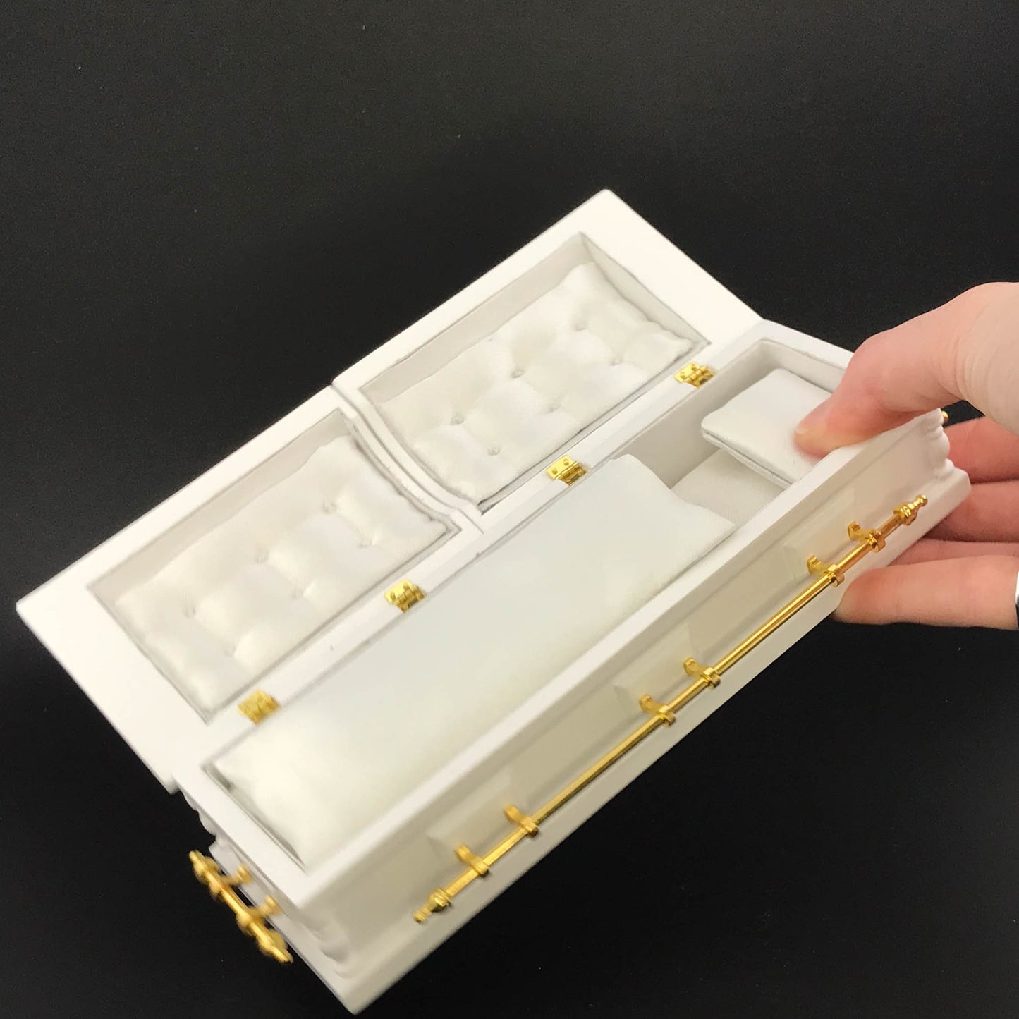 1:12  Wooden miniature coffin casket WHITE color with Brass metal rod handles for dollhouse Funeral buried