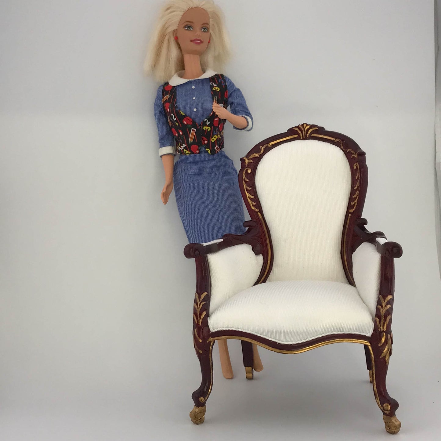 Victorian 1:6 scale Rococo ORNATE armchair or sofa couch for Dollhouse miniature mahogany and gold accents