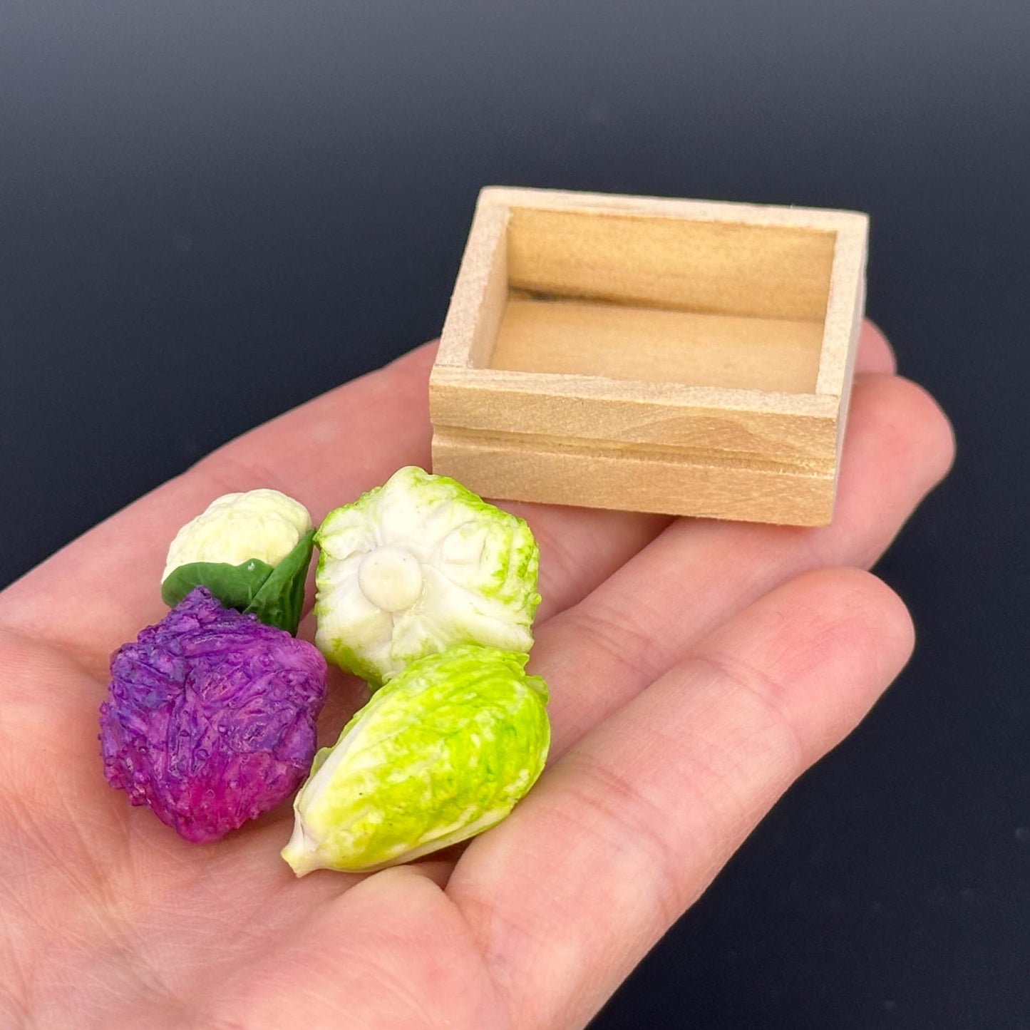 Assorted loose lettuce and cabbage crate - 4 pcs variety of lettuce in a wooden crate - 1:12 scale dollhouse miniature food