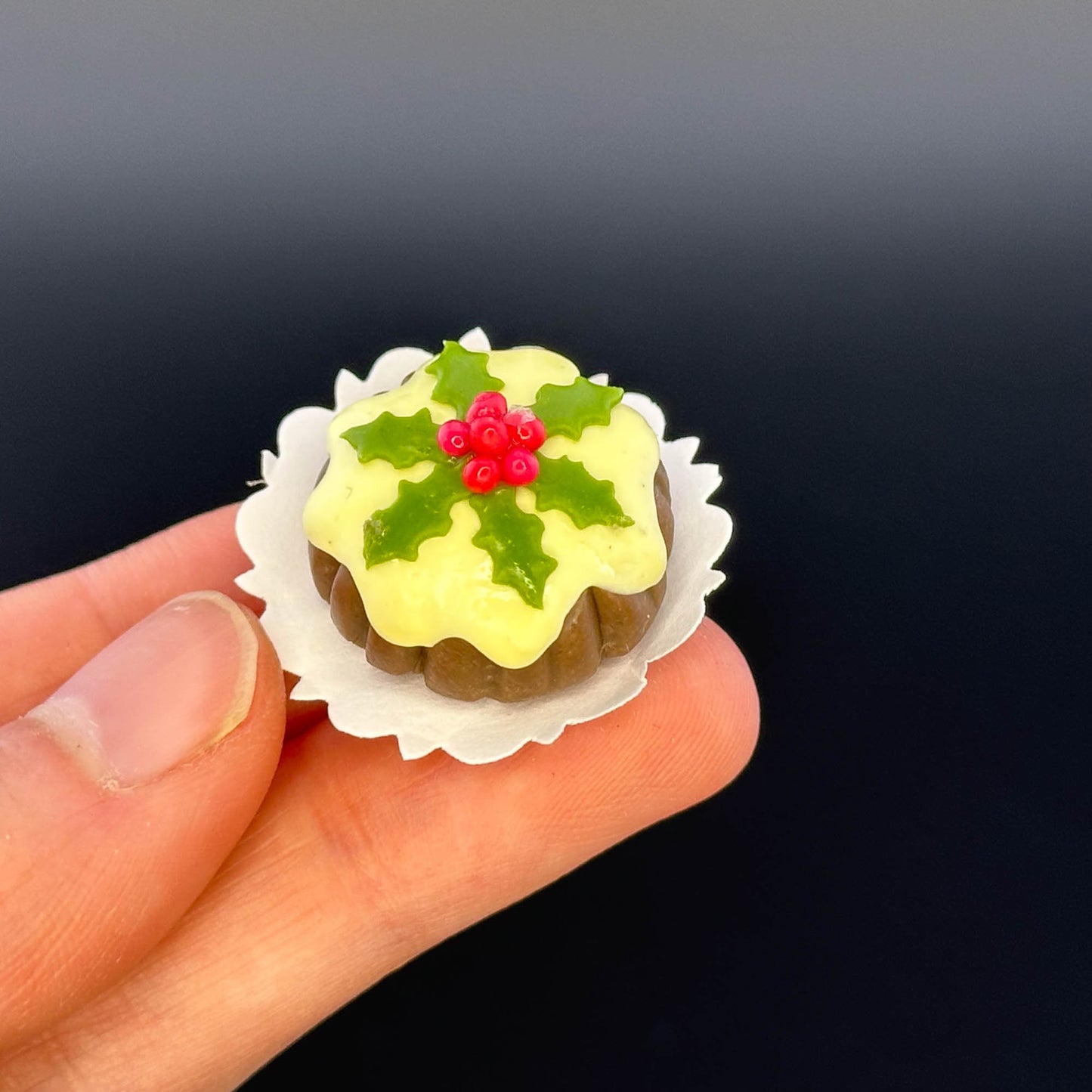 Handmade holiday cake in  1:12 scale dollhouse miniature polymer clay