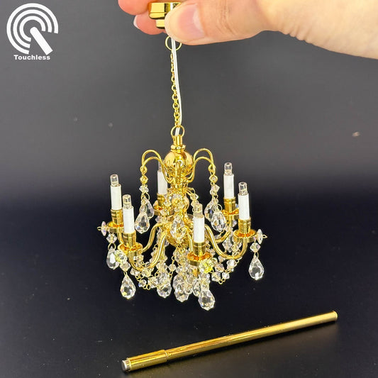 BRASS Crystal chandelier 6 arms Miniature Touchless operation with Wand 1:12 scale for dollhouse No-touch No-Switch
