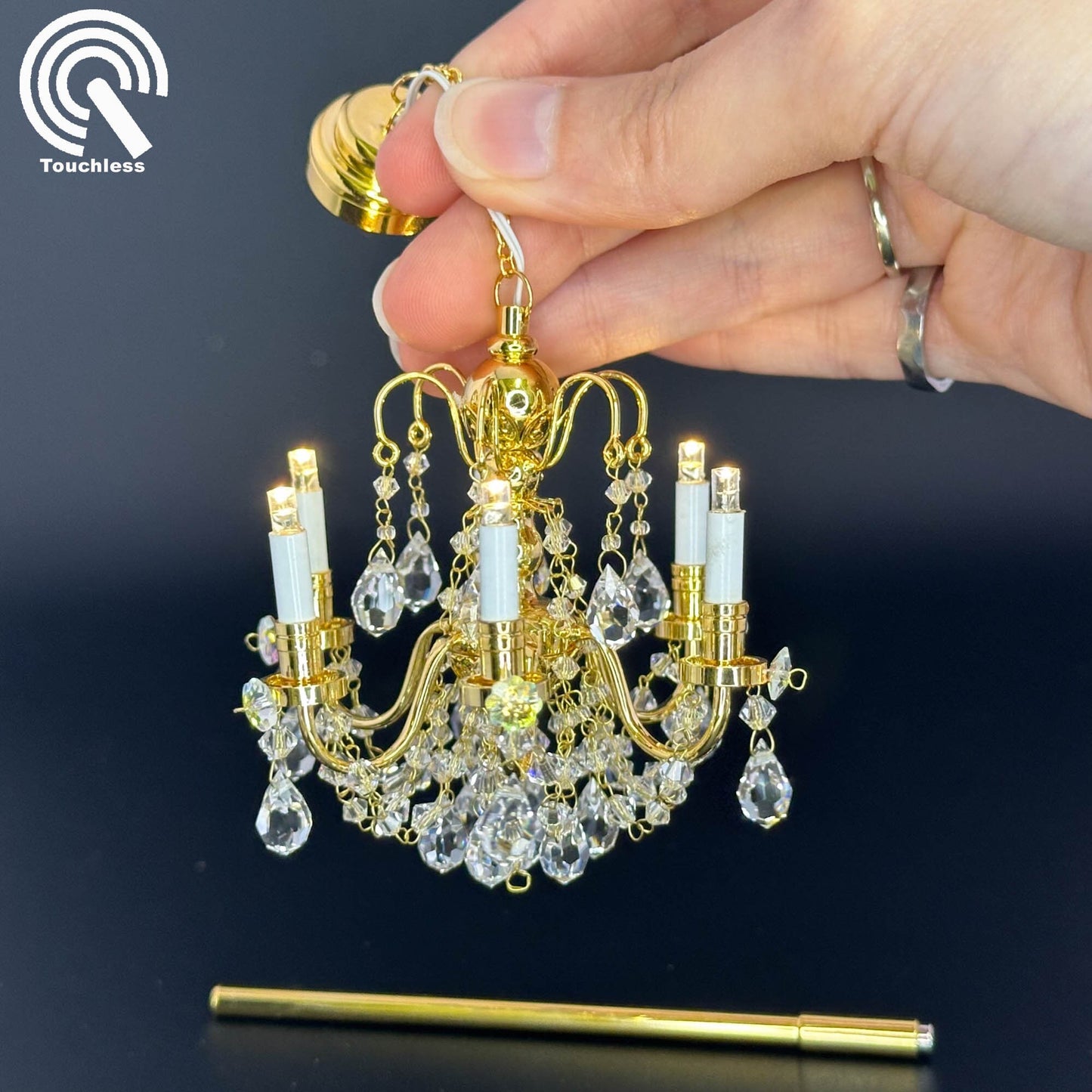 Crystal chandelier 6 arms Miniature Touchless operation with Wand 1:12 scale for dollhouse No-touch No-Switch