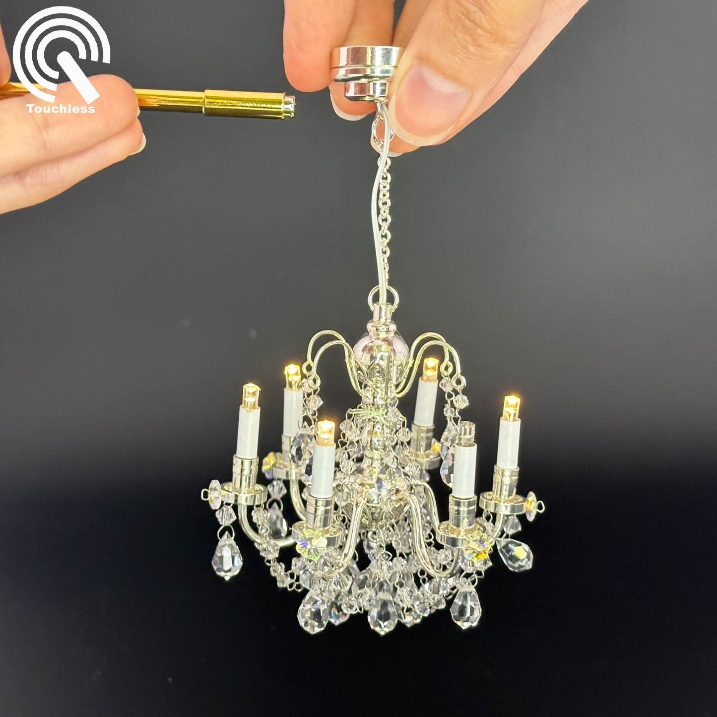 Crystal chandelier 6 arms Miniature Touchless operation with Wand 1:12 scale for dollhouse No-touch No-Switch
