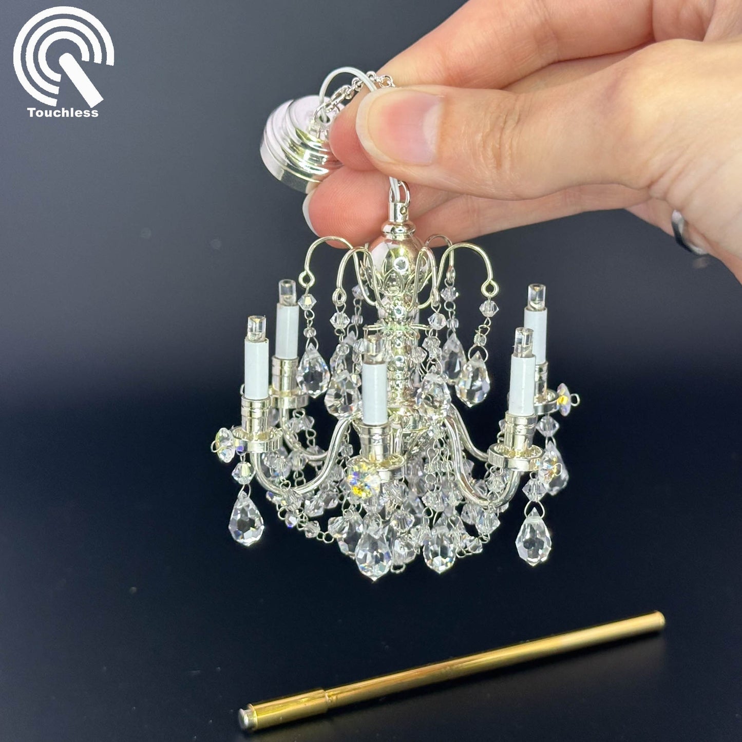 Crystal chandelier 6 arms Miniature Touchless operation with Wand 1:12 scale for dollhouse No-touch No-Switch