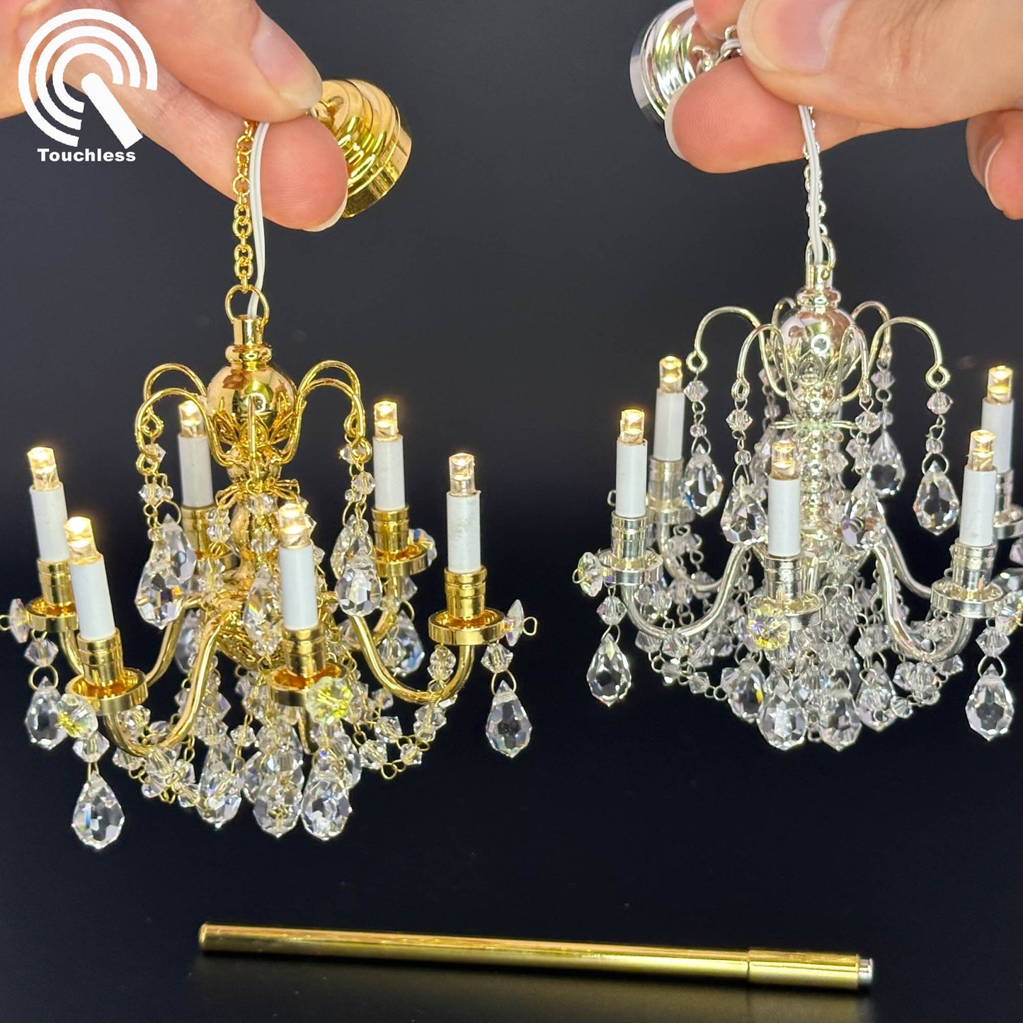 Crystal chandelier 6 arms Miniature Touchless operation with Wand 1:12 scale for dollhouse No-touch No-Switch