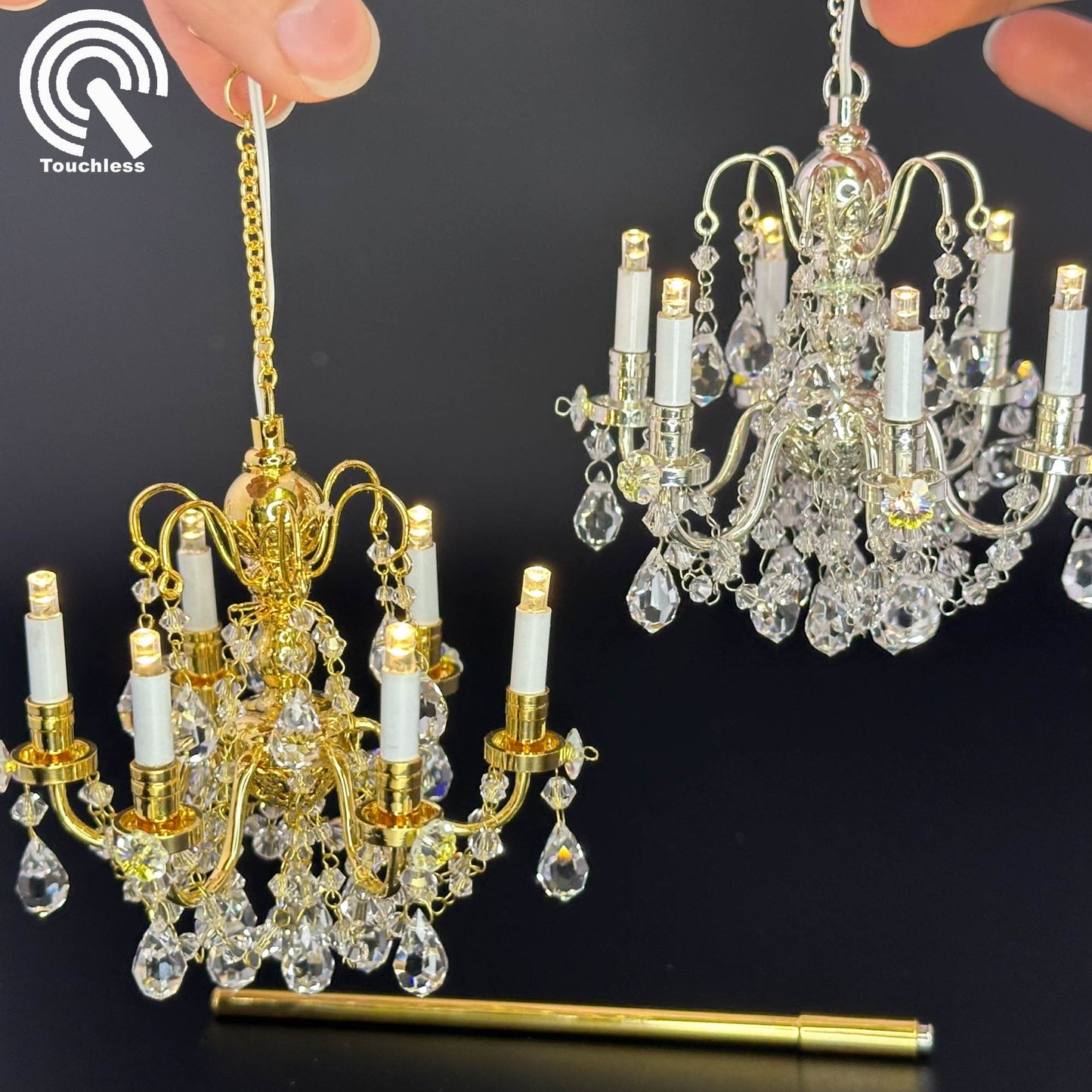 Crystal chandelier 6 arms Miniature Touchless operation with Wand 1:12 scale for dollhouse No-touch No-Switch