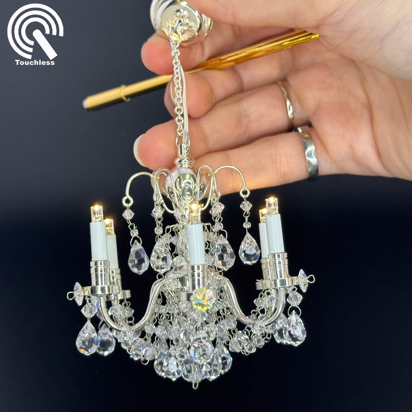 Crystal chandelier 6 arms Miniature Touchless operation with Wand 1:12 scale for dollhouse No-touch No-Switch