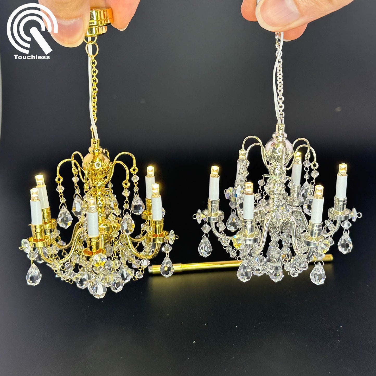 Crystal chandelier 6 arms Miniature Touchless operation with Wand 1:12 scale for dollhouse No-touch No-Switch