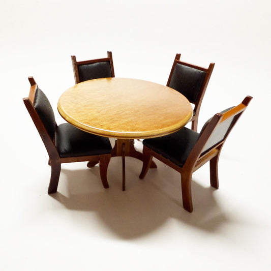 Miniature set - Four upholstered chairs and a round table for a dining room - card game room, designed for dollhouses in 1:12 scale