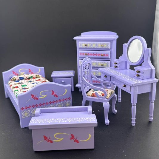 Miniature Purple Toddler Room set 6pcs Makeup chair bed dresser for 1:12 scale dollhouse