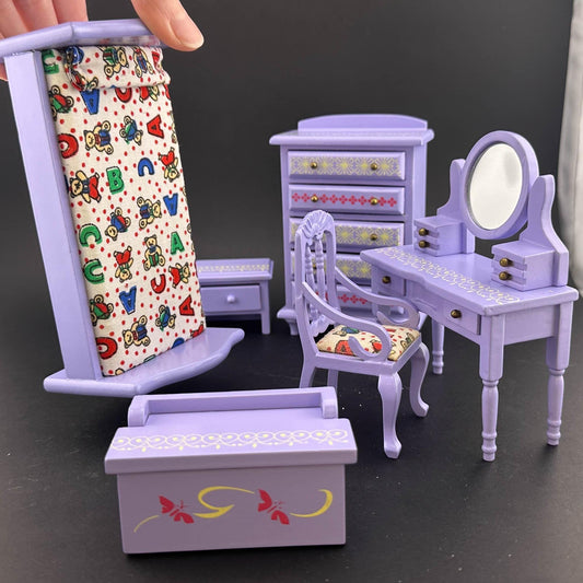Miniature Purple Toddler Room set 6pcs Makeup chair bed dresser for 1:12 scale dollhouse