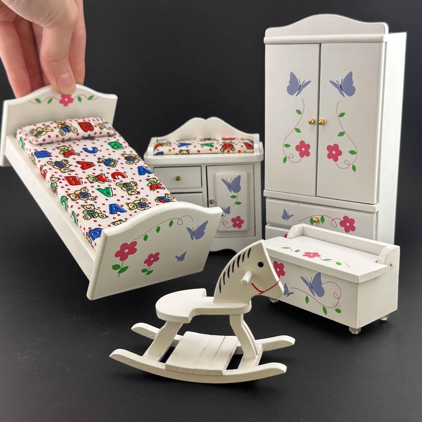Miniature White Toddler Room set 5pcs bed dresser rocking horse cast for 1:12 scale dollhouse