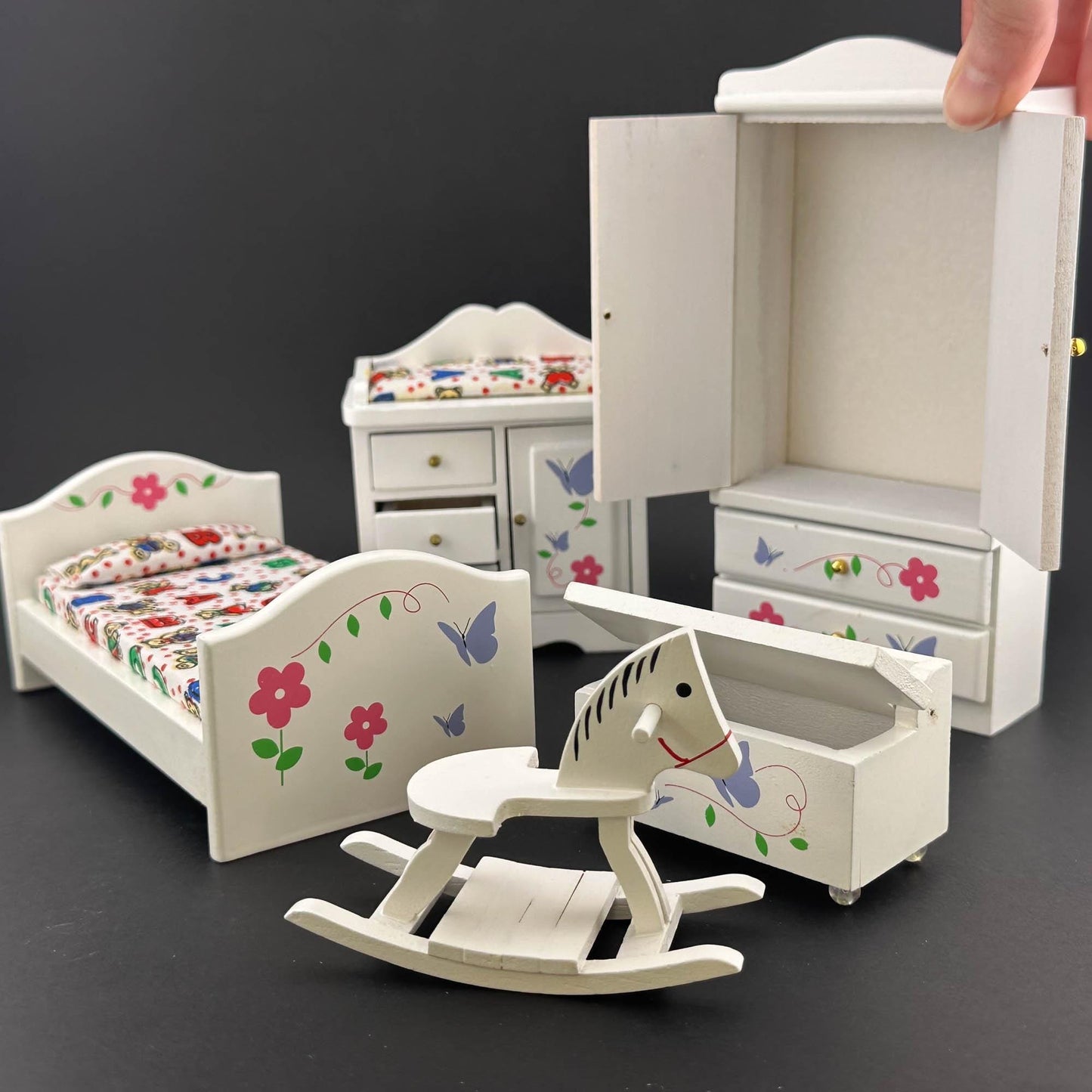 Miniature White Toddler Room set 5pcs bed dresser rocking horse cast for 1:12 scale dollhouse