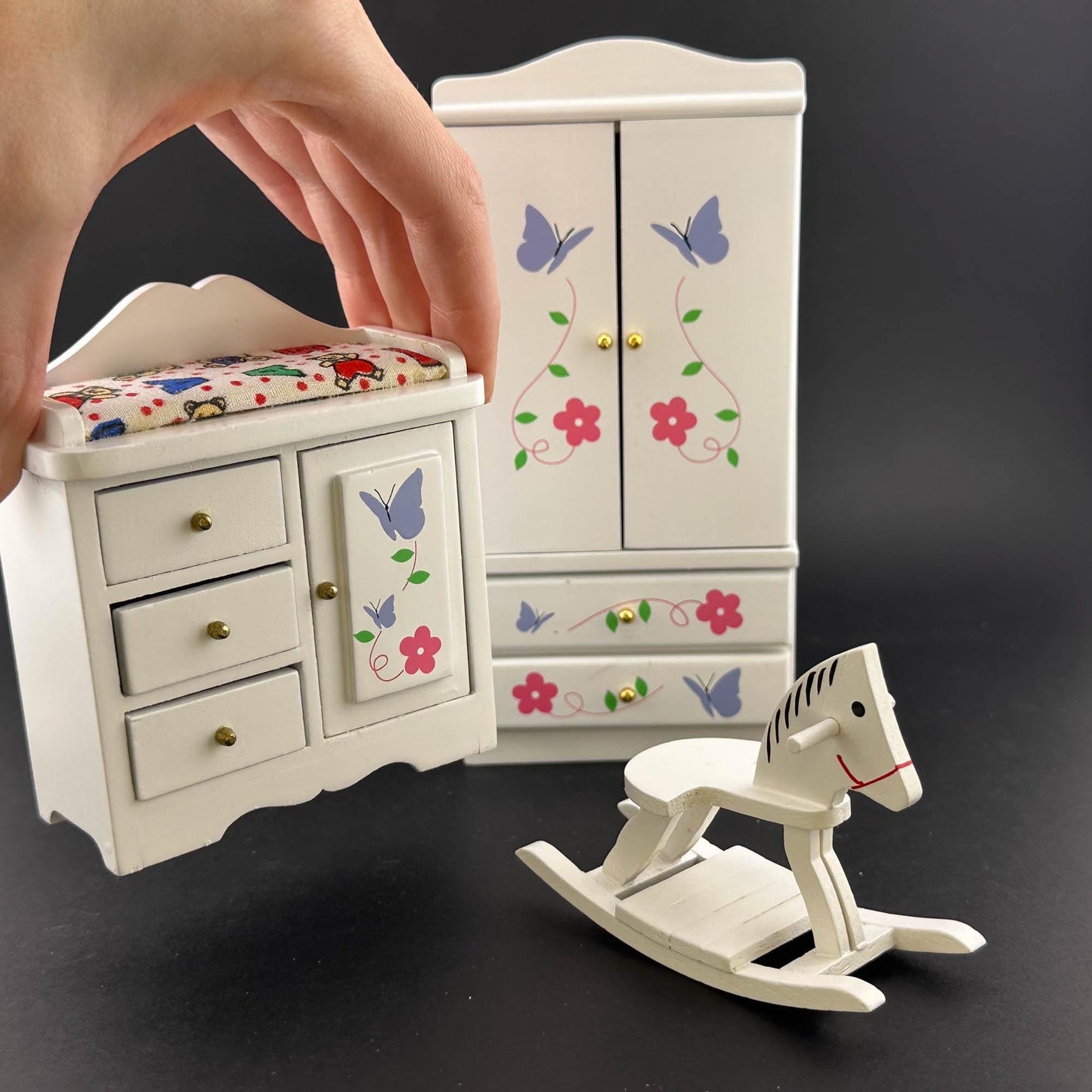 Miniature White Toddler Room set 5pcs bed dresser rocking horse cast for 1:12 scale dollhouse