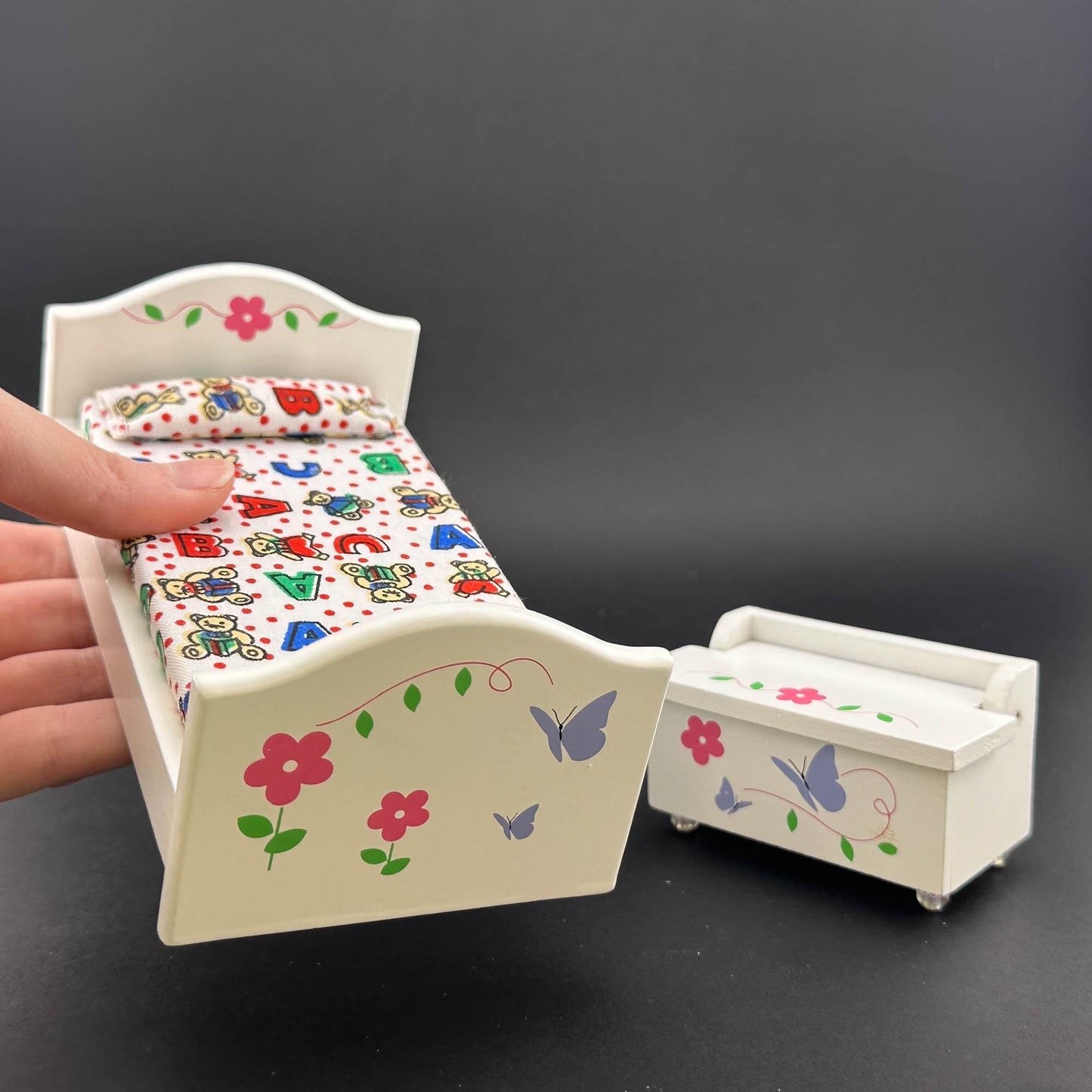 Miniature White Toddler Room set 5pcs bed dresser rocking horse cast for 1:12 scale dollhouse