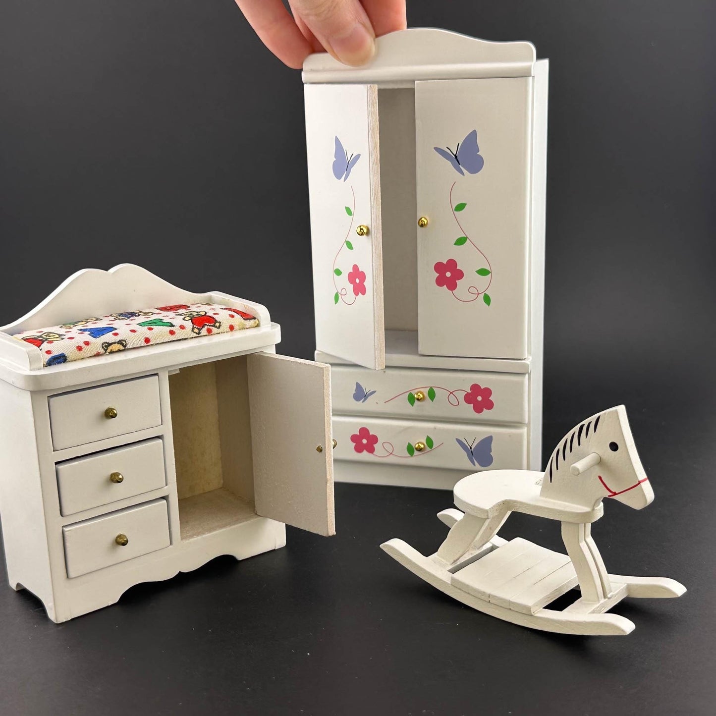 Miniature White Toddler Room set 5pcs bed dresser rocking horse cast for 1:12 scale dollhouse